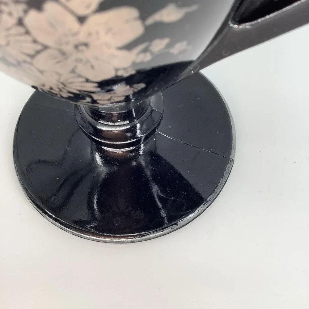 Vintage LE Smith Amethyst Glass Trophy Vase Silver Floral Double Handle Ruffled